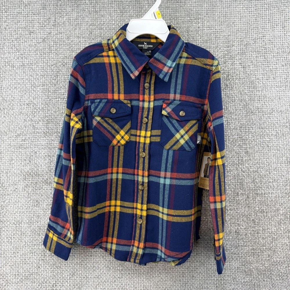 Eddie Bauer Kids Size 6 Tan Faux Sherpa Lined Vest‎ Blue Plaid Flannel Shirt Set